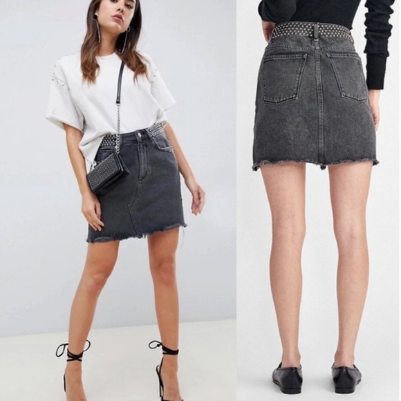 DL1961 Georgia Gray High Rise Wilder Studded Distressed Mini Denim Jean Skirt - Picture 14 of 14